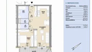 Detaillierter Grundriss einer Wohnung im 2. Obergeschoss mit Balkonen und Raumaufteilung.