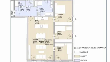 Detaillierter Grundriss der Wohnung TOP 20 mit Zimmeraufteilung, Balkon und Flächenangaben.