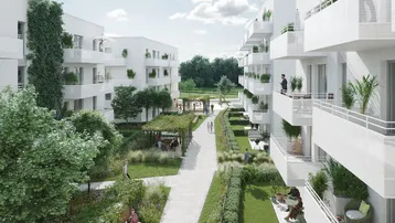 Moderne Wohngebäude mit Balkonen umgeben einen grünen Innenhof mit Wegen, Sitzgelegenheiten und Pergolen.