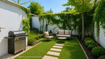 Kleiner, gepflegter Gartenbereich mit Kunstrasen, Sitzgelegenheiten und Grill für entspannte Stunden im Freien.