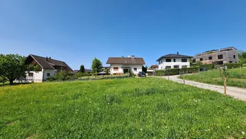 Weitläufige grüne Wiese mit Blick auf mehrere Wohnhäuser unter strahlend blauem Himmel.