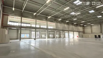 Geräumige Industriehalle mit hohen Decken, Betonboden und mehreren Rolltoren für Logistikzwecke.