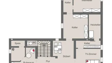 Grundriss des Untergeschosses mit Weinkeller, Sauna, TV-Zimmer und mehreren Kellerräumen.