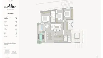 Grundriss einer Maisonette-Wohnung mit drei Schlafzimmern, offenem Wohnbereich, großer Terrasse mit Whirlpool und Balkon.