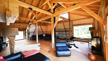 Großzügiger Wohnbereich mit hohen Holzbalkendecken, großen Fenstern und modernem Kamin.
