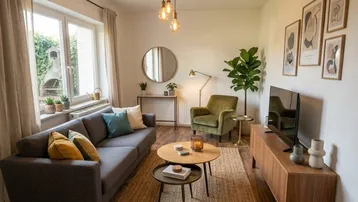 Gemütliches Wohnzimmer mit Holzboden, beigem Teppich und moderner Einrichtung.