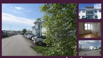 Collage mit Außenansichten eines modernen Geschäftsgebäudes, Parkplätzen und einem hellen Innenraum.