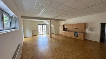 Geräumiger offener Wohnbereich mit Parkettboden, integrierter Küchenzeile und Zugang zur Terrasse.