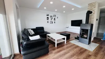 Modernes Wohnzimmer mit dunklem Sofa, Holzboden und einem stilvollen Kaminofen als Blickfang.