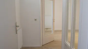 Heller Flur mit Laminatboden und Glastüren, die zu weiteren Räumen führen und viel Licht hereinlassen.