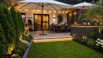 Großzügige Terrasse mit stilvollen Gartenmöbeln, Sonnenschirmen und beleuchtetem Gartenbereich für entspannte Abende.