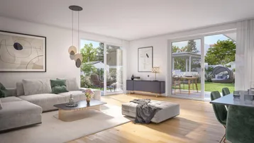Helles, modernes Wohn-Esszimmer mit Holzboden, hohen Decken und Zugang zu einer grünen Terrasse.