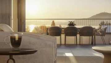 Gerenderte Terrasse mit Sitzgelegenheiten und atemberaubendem Blick auf den See und die Berge bei Sonnenuntergang.