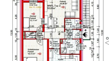 Detaillierter Grundriss mit Raumaufteilung, Flächenangaben und Loggia.