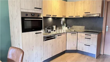 Moderne Einbauküche mit Holzfronten, integrierten Geräten und dunkler Arbeitsplatte.