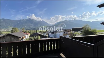 Sommerlicher Ausblick vom Balkon auf die grünen Berge und die idyllische Umgebung.