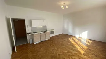 Helles Wohnzimmer mit integrierter Küchenzeile und klassischem Fischgrätparkettboden.