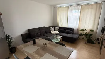 Helles Wohn- und Esszimmer mit Laminatboden, dunklem Sofa und Esstisch.