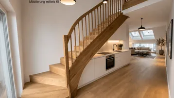 Moderner offener Wohnbereich mit eleganter Holztreppe, minimalistischer Küche und viel Tageslicht durch Dachfenster.