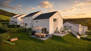 Reihenhäuser mit großzügigen Terrassen und Gärten in einer grünen Hügellandschaft bei Sonnenuntergang.