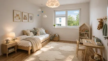 Freundliches Kinderzimmer mit Holzboden, Einzelbett und einem Schreibtisch am Fenster.