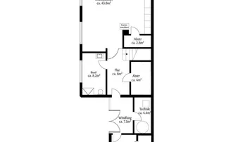 Grundriss des Erdgeschosses mit Terrasse, Wohnzimmer, Küche und Gästezimmer.