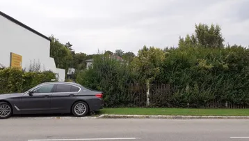 Seitenansicht eines Gebäudes mit parkendem Auto und grüner Hecke am Straßenrand unter bewölktem Himmel.