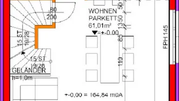 Grundriss des Erdgeschosses mit Wohnbereich, Küche und Treppenhaus.