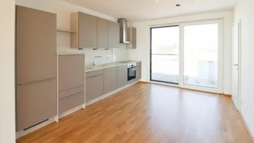 Moderne Einbauküche in neutralem Grau mit integrierten Geräten und Zugang zur Terrasse, ideal für offenes Wohnen.