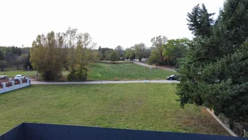 Weitläufiges Grundstück mit grüner Wiese, umgeben von Bäumen und einer Straße.