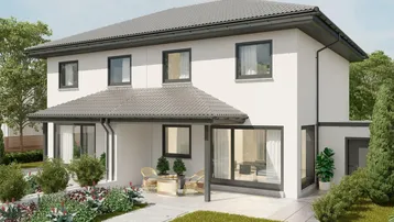 Modernes Doppelhaus mit weißer Fassade, grauen Fenstern und kleiner Terrasse im Grünen.