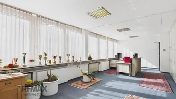 Geräumiges Büro mit blauer Teppichboden, vielen Fenstern und einer Reihe von Auszeichnungen.