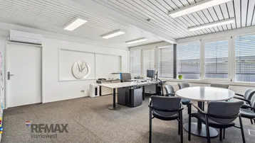 Geräumiges Büro mit Teppichboden, modernen Möbeln und großen Fenstern für viel Tageslicht.