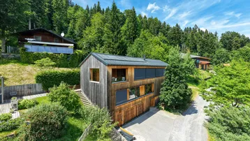 Modernes Holzhaus in Hanglage, umgeben von grünen Wäldern und Natur.