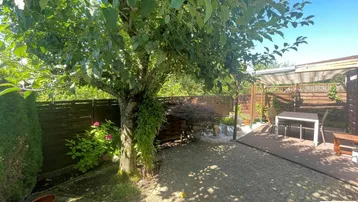 Gepflasterter Gartenbereich mit schattenspendendem Baum und Essbereich unter einer Pergola.