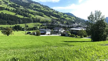 Weitläufige grüne Landschaft mit Blick auf die umliegenden Berge und vereinzelte Häuser.