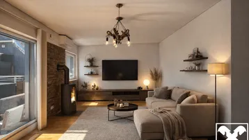 Gemütliches Wohnzimmer mit modernem Kaminofen, Holzboden und Zugang zum Balkon.