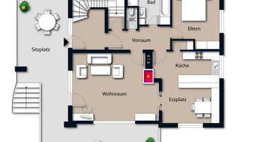 Grundriss des Erdgeschosses mit Wohnzimmer, Küche, Schlafzimmer und Terrasse.
