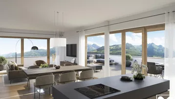 Moderner offener Wohn-Essbereich mit integrierter Küche und Zugang zu einer Terrasse mit Bergblick.
