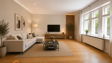 Helles, modern eingerichtetes Wohnzimmer mit Fischgrätparkett, großem Fenster und beiger Couch.
