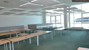 Helles und geräumiges Büro mit großen Fenstern, Teppichboden und schallabsorbierenden Deckenpaneelen.