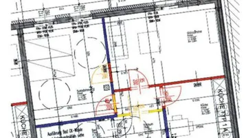 Detaillierter Grundriss einer Wohnung mit Küche, Schlafzimmer und Bad, inklusive Balkon und Maßangaben.