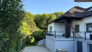 Modernes Haus mit gepflasterter Auffahrt und umgebender grüner Natur.