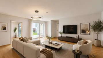 Modernes, helles Wohnzimmer mit beigem Sofa, Holzboden und Zugang zu einer kleinen Terrasse mit Garten.