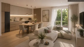 Moderner, offener Wohn- und Essbereich mit integrierter Küche und Zugang zum Balkon, hell und geräumig.
