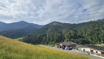 Panoramablick auf die majestätischen Berge und grüne Wälder mit einigen Gebäuden im Tal.