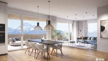 Helles, offenes Wohn-Esszimmer mit Holzboden, modernen Möbeln und Bergblick von der Terrasse.
