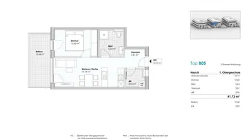 Grundriss der 2-Zimmer-Wohnung Top B05 mit Balkon und offener Wohnküche.
