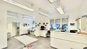 Helle Empfangstheke und Arbeitsbereiche mit großen Fenstern und funktionaler Beleuchtung.