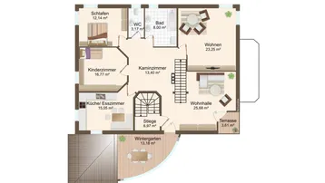 Grundriss einer weiteren Etage mit Wohnzimmer, Wohnhalle, Schlafzimmern und Terrasse.